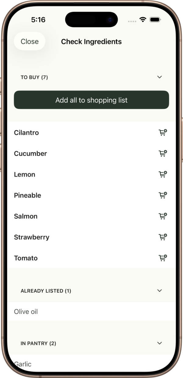 Shopping ingredients generated from a meal plan