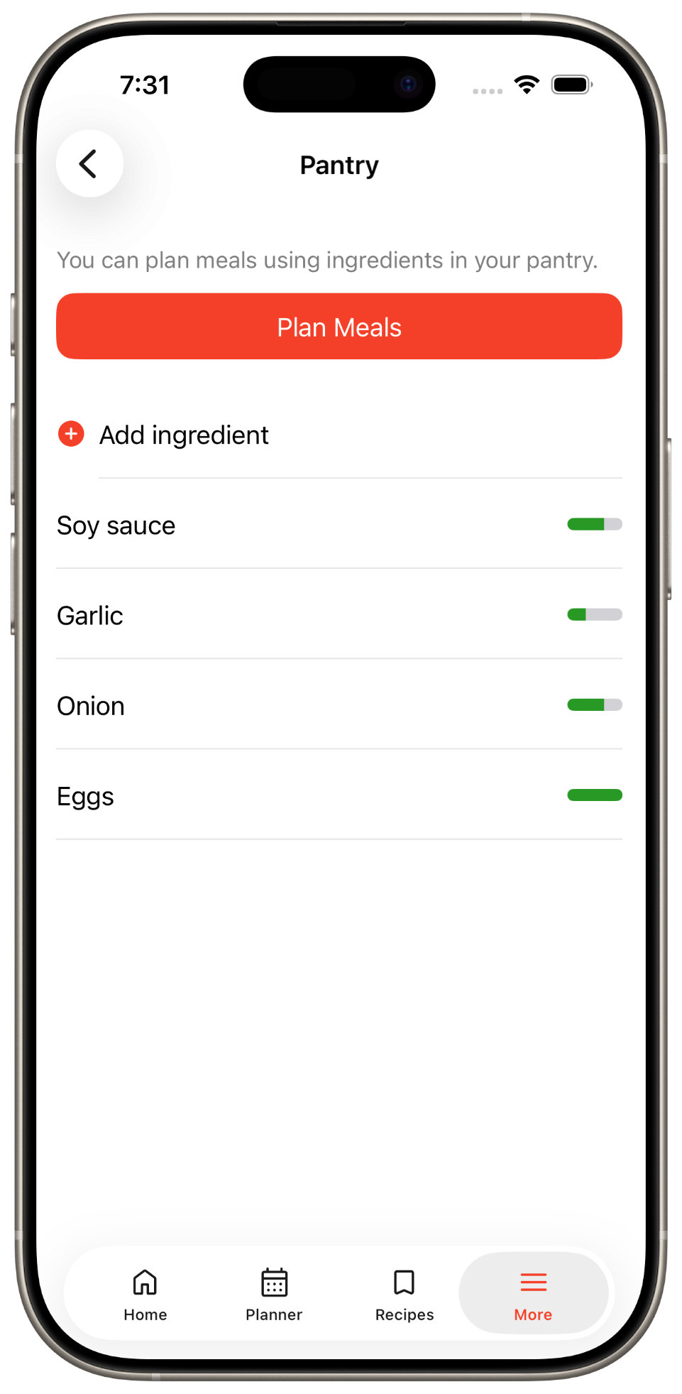Pantry view connected to shopping list