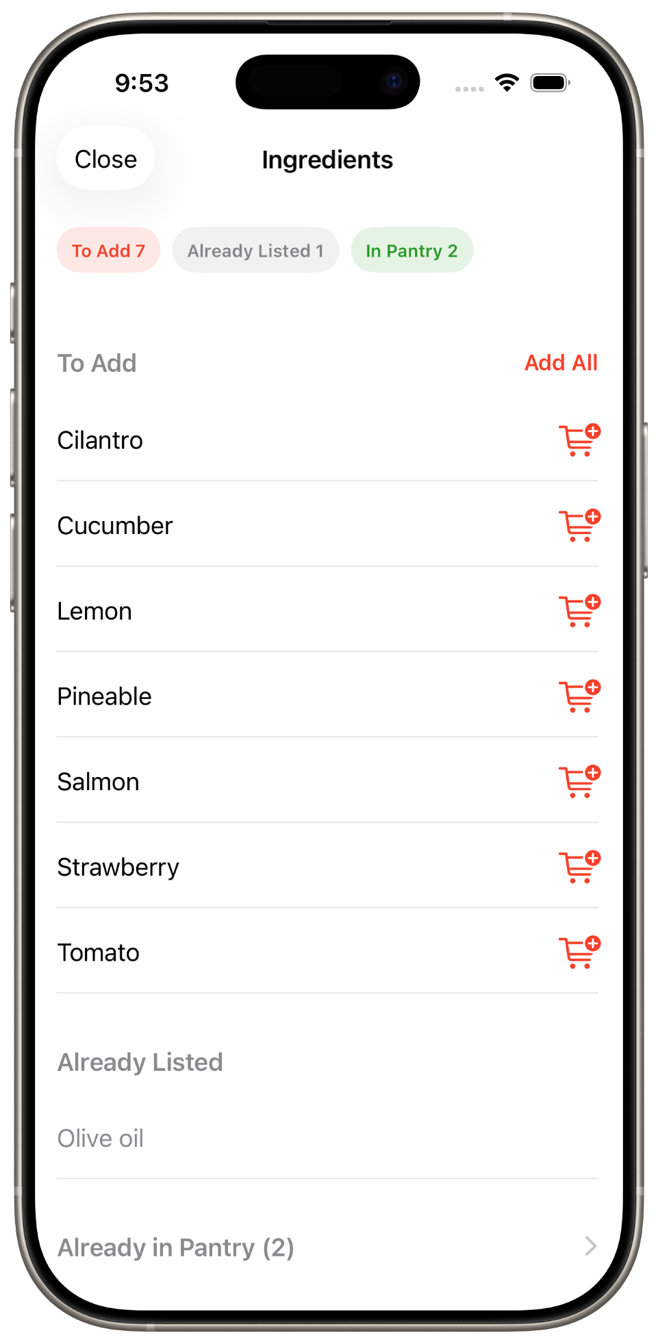 Shopping list generated from plan